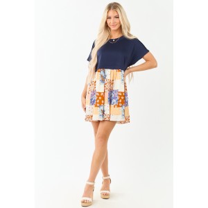 Navy Patchwork Skirt Contrast Knit Mini Dress