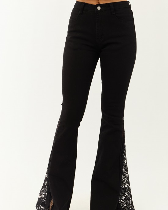 Black Lace Contrast Stretchy Flare Leg Jeans