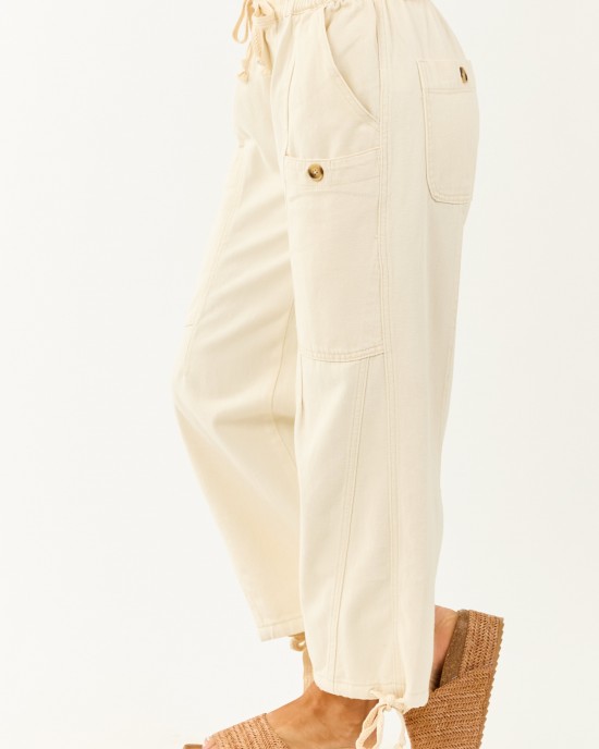 Cream Elastic Waist Relaxed Denim Cargo Pants