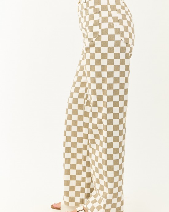 Olive and Ivory Checkered Denim Wide Leg Pants