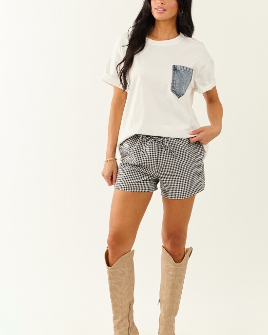 Off White Cotton Tee with Contrast Denim Pocket Off White Cotton Tee with Contrast Denim Pocket