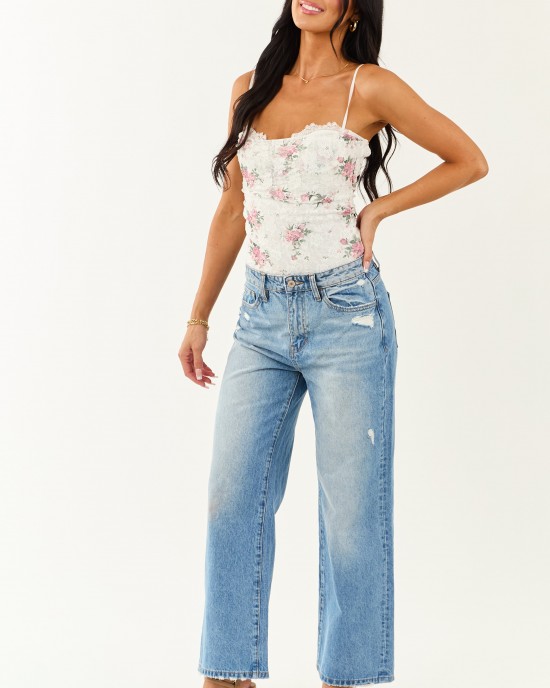 Off White Floral Lace Sleeveless Bodysuit