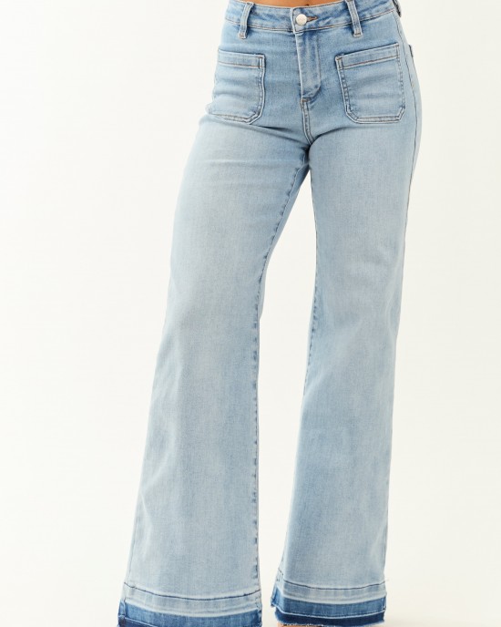Risen Light Wash Stretchy Ombre Hem Wide Leg Jeans Risen Light Wash Stretchy Ombre Hem Wide Leg Jeans