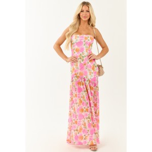 Fuchsia Floral Strapless Asymmetrical Maxi Dress