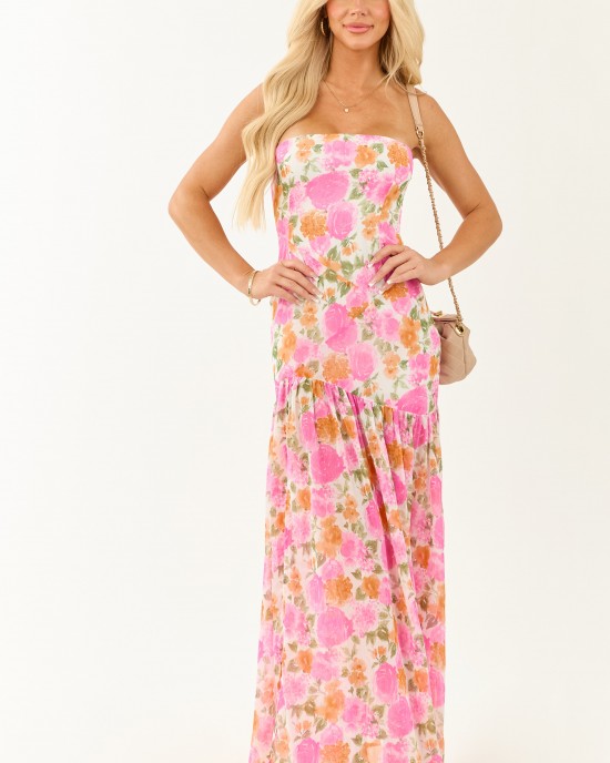 Fuchsia Floral Strapless Asymmetrical Maxi Dress