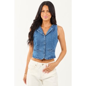Medium Wash Princess Seam Button Up Denim Vest