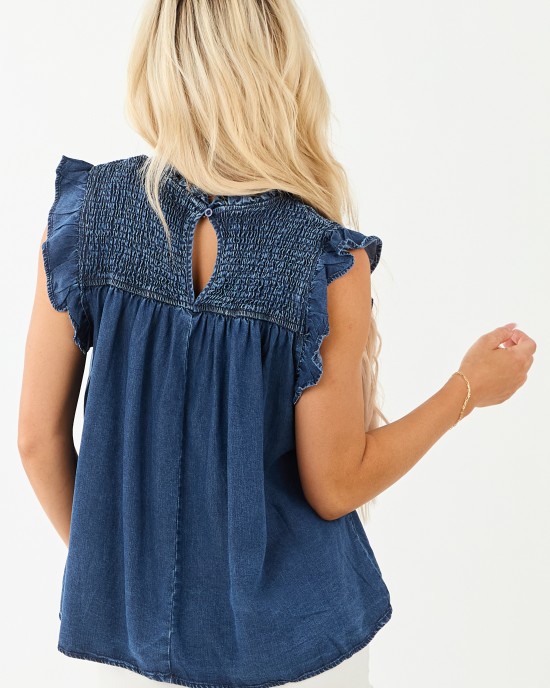 Dark Wash Chambray Denim Ruffle Sleeve Top Dark Wash Chambray Denim Ruffle Sleeve Top