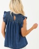 Dark Wash Chambray Denim Ruffle Sleeve Top Dark Wash Chambray Denim Ruffle Sleeve Top