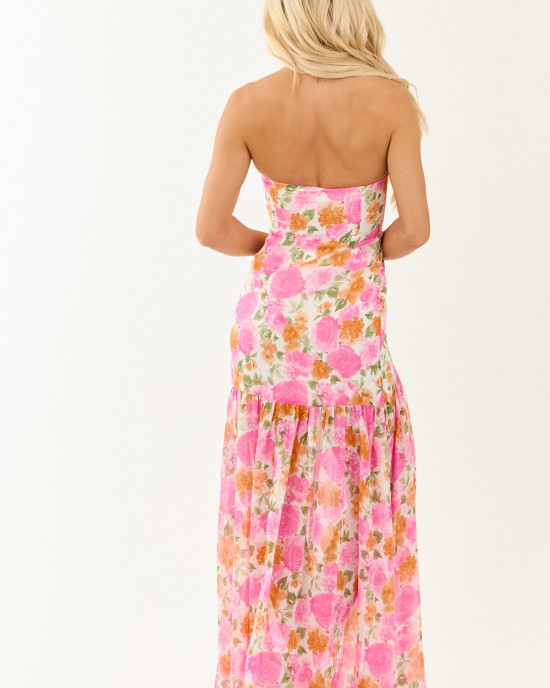 Fuchsia Floral Strapless Asymmetrical Maxi Dress