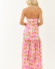 Fuchsia Floral Strapless Asymmetrical Maxi Dress
