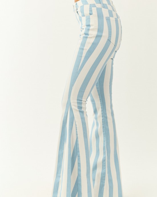 Powder Blue Striped Stretchy High Rise Flare Jeans Powder Blue Striped Stretchy High Rise Flare Jeans