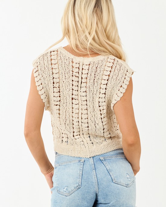 POL Almond Open Crochet Knit Cap Sleeve Top
