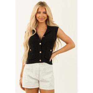 Black Button Down Cap Sleeve Sweater Vest