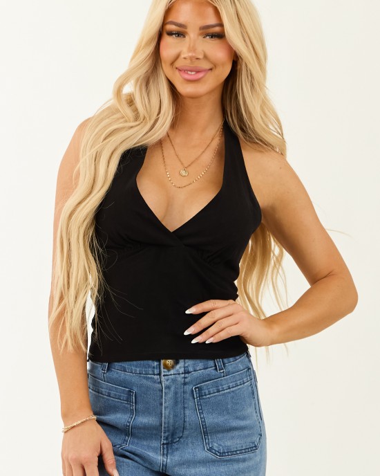 Black Halter Surplice Neck Linen Blend Tank Top