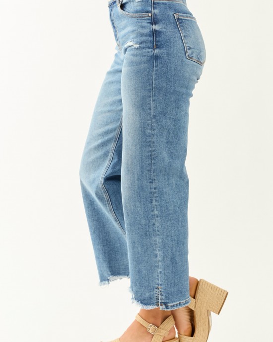 Risen Cropped Frayed Slit Hem Stretchy Wide Jeans