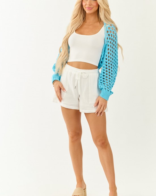 Baby Blue Open Knit Long Sleeve Shrug Cardigan