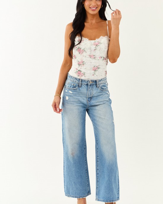 Off White Floral Lace Sleeveless Bodysuit