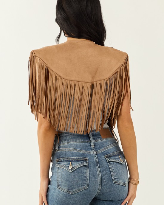 Brown Sugar Faux Suede Collared Fringe Shawl