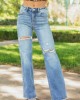 Risen Medium Wash Distressed Stretchy Wide Leg Jeans Risen Medium Wash Distressed Stretchy Wide Leg Jeans