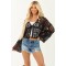 Black Floral Open Crochet Front Tie Cardigan