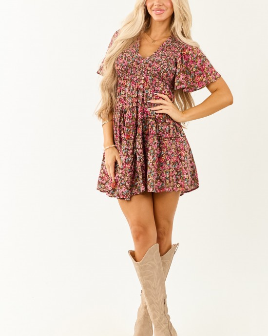 Sepia Floral Print Smocked Tiered Mini Dress Sepia Floral Print Smocked Tiered Mini Dress