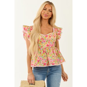 Punch Floral Print Sweetheart Neck Cap Sleeve Top
