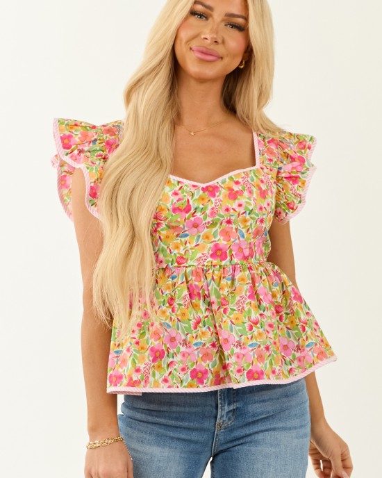 Punch Floral Print Sweetheart Neck Cap Sleeve Top