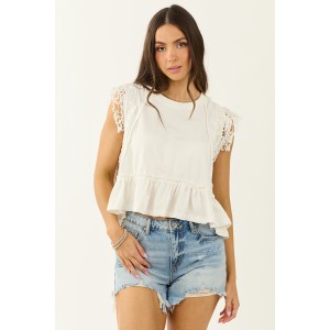 Off White Lace Trim Cap Sleeve Ruffle Hem Top