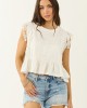 Off White Lace Trim Cap Sleeve Ruffle Hem Top