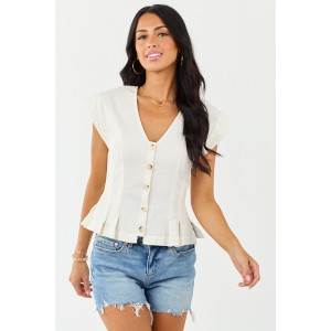 Vanilla Pleated Hem Button Up Cap Sleeve Top