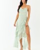 Sage Ditsy Floral Chiffon Ruffle High Slit Maxi Dress