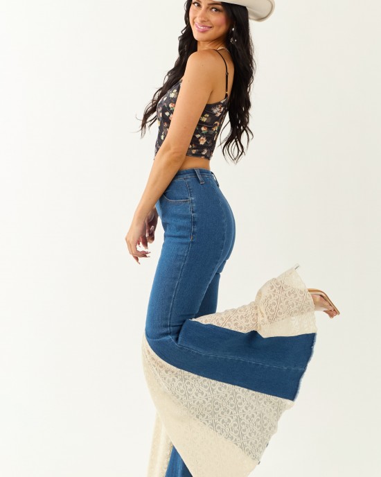 Medium Wash Super Flare Lace Hem Stretchy Jeans Medium Wash Super Flare Lace Hem Stretchy Jeans