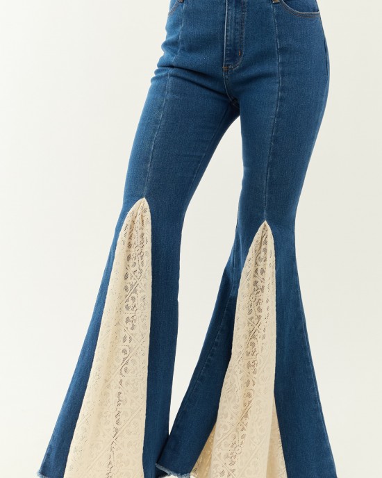 Medium Wash Super Flare Lace Hem Stretchy Jeans Medium Wash Super Flare Lace Hem Stretchy Jeans