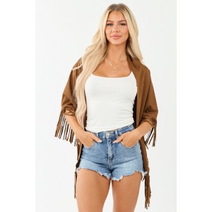 Sepia Faux Suede Boho Fringe Shawl