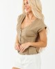 Light Coffee Pleated Hem Button Up Cap Sleeve Top Light Coffee Pleated Hem Button Up Cap Sleeve Top