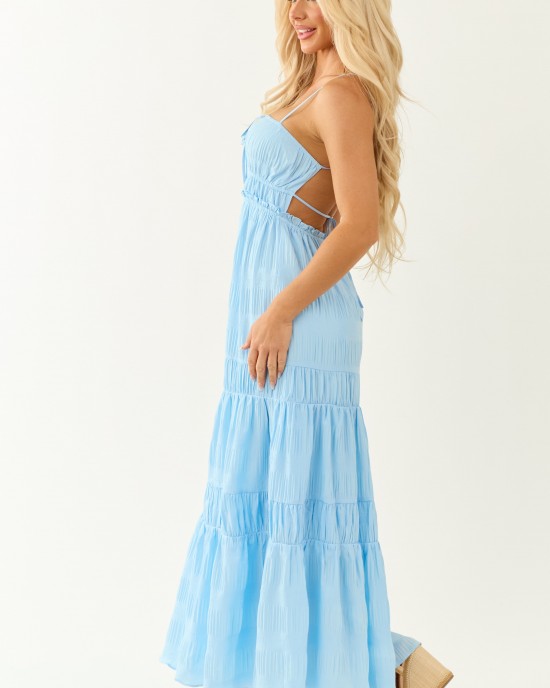 Sky Blue Ruched Tiered Sleeveless Maxi Dress