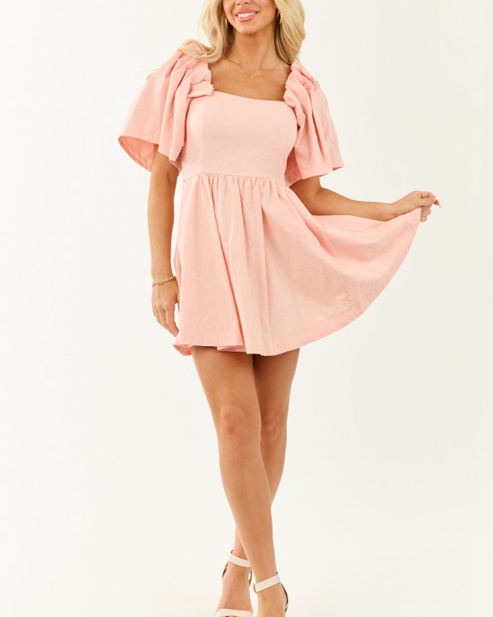 Tea Rose Flutter Sleeve Flowy Skirt Cotton Mini Dress