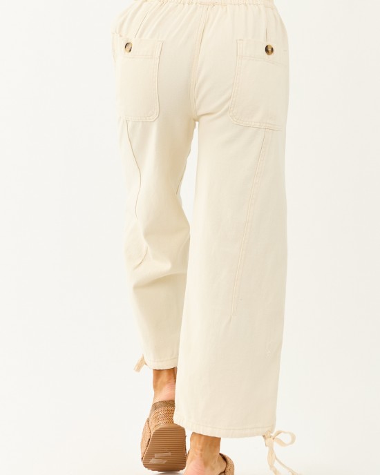 Cream Elastic Waist Relaxed Denim Cargo Pants