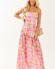 Fuchsia Floral Strapless Asymmetrical Maxi Dress
