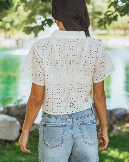 White Embroidered Eyelet Button Up Cotton Top