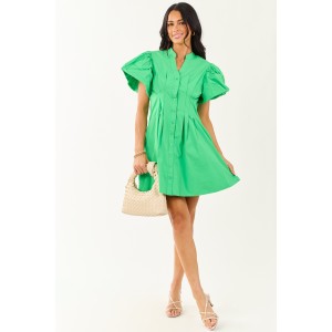 Kiwi Bubble Sleeve Button Down Cotton Mini Dress