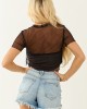 Black Fringe Short Sleeve Mesh Crop Top Black Fringe Short Sleeve Mesh Crop Top