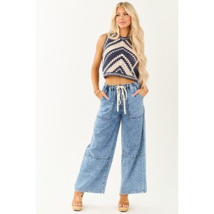 Listicle Medium Wash Wide Leg Drawstring Denim Pants