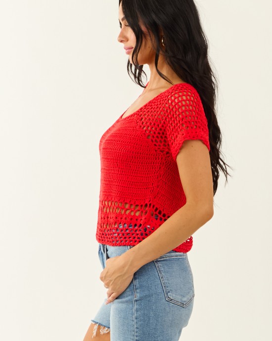 Lipstick Crochet Knit Short Sleeve Crop Top
