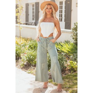 POL Powder Blue Railroad Stripe Wide Patchwork Pants