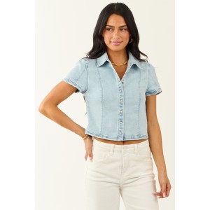 Risen Light Wash Denim Button Down Short Sleeve Top