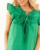 Jade Cinched Yoke Cotton Poplin Ruffle Cap Sleeve Top