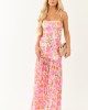 Fuchsia Floral Strapless Asymmetrical Maxi Dress