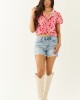 Carnation Floral Print Embroidered Puff Sleeve Blouse