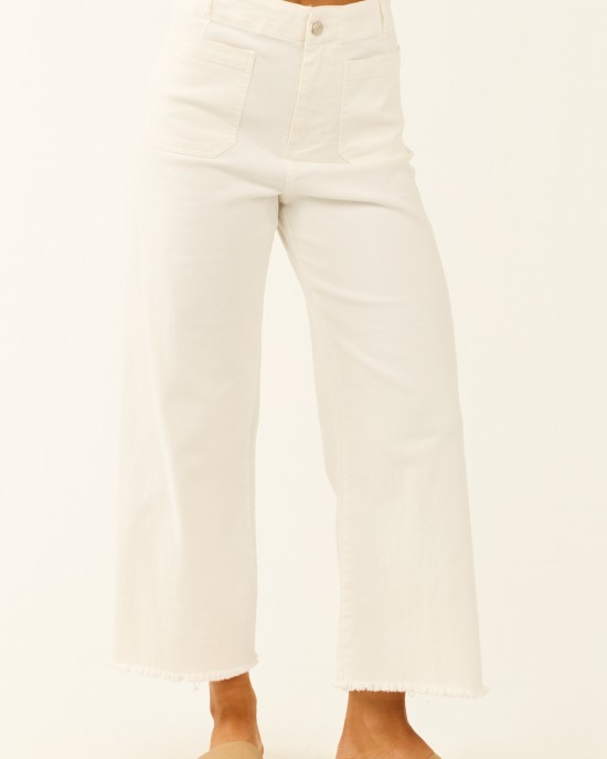Off White Stretchy Denim Straight Patch Pocket Jeans
